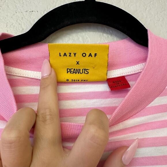 Lazy Oaf X Peanuts Stripe Crew Neck Snoopy Short Sleeve Tee Pink Size Small - Picture 5 of 7